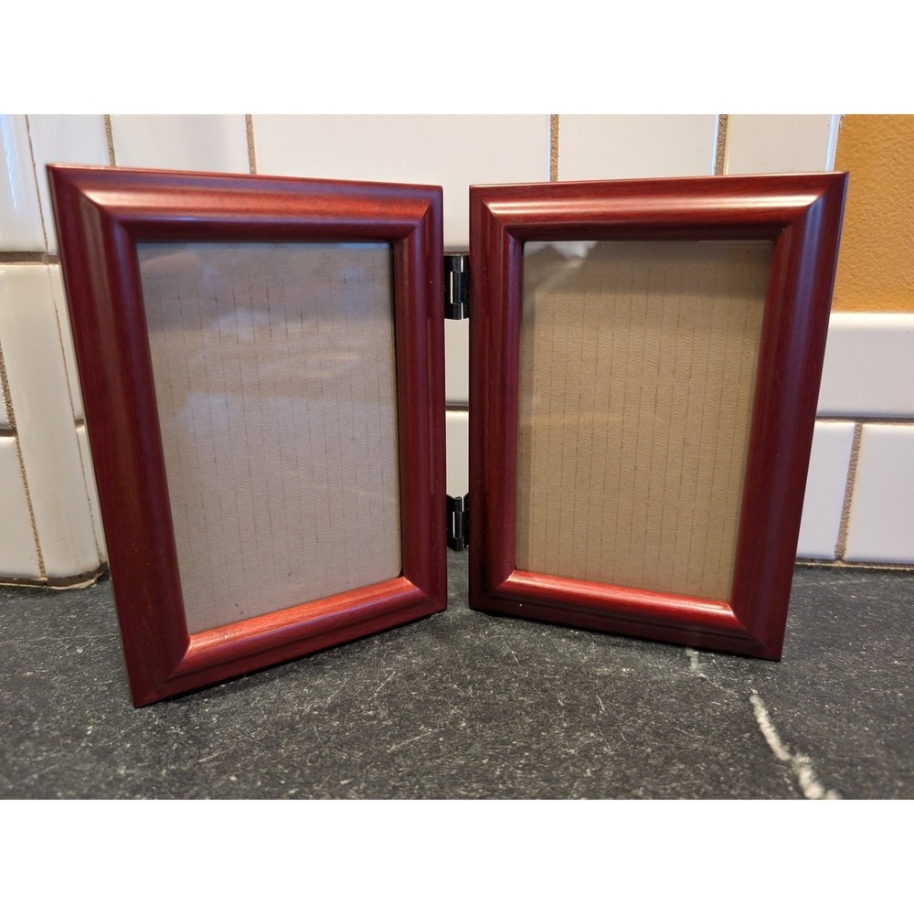 Dual Picture Frame Red Wood Hinged Desktop Photo Display